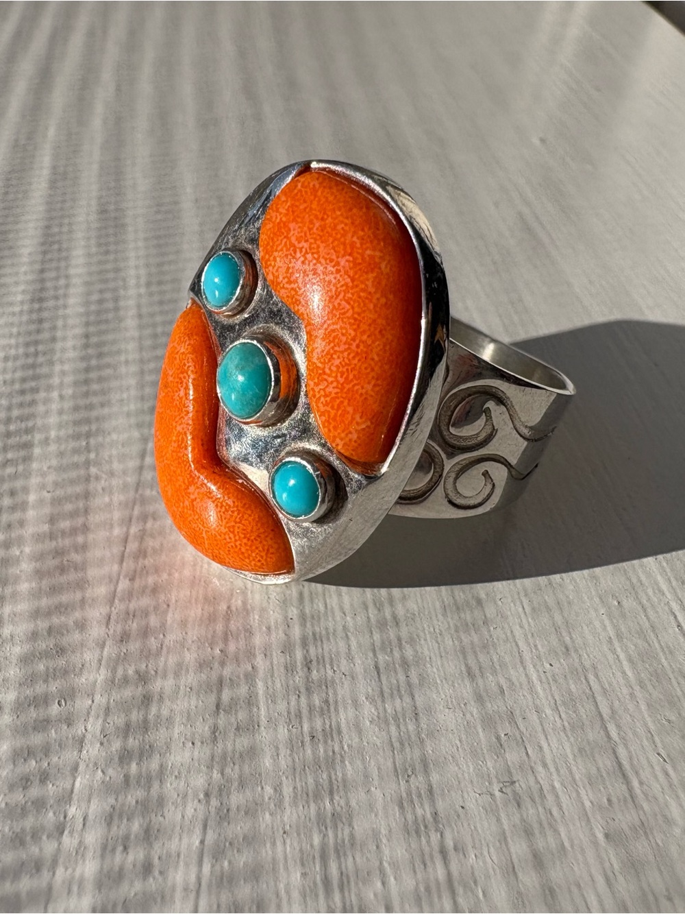 Jay King Sterling Silver & Orange Coral and Turquoise Oval Ring. Size 7 - Picture 3 of 15
